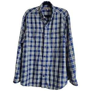 Duluth Trading Co Blue White Plaid Button Down Work Shirt Gusseted Pits Size XL